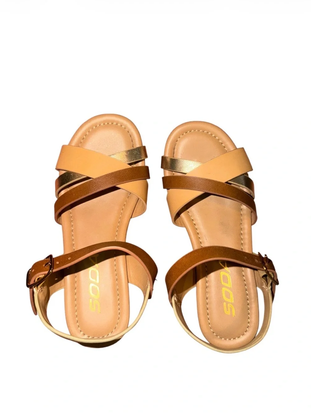 Soda Brown, Tan & Gold Cross-Strap Girls Sandals